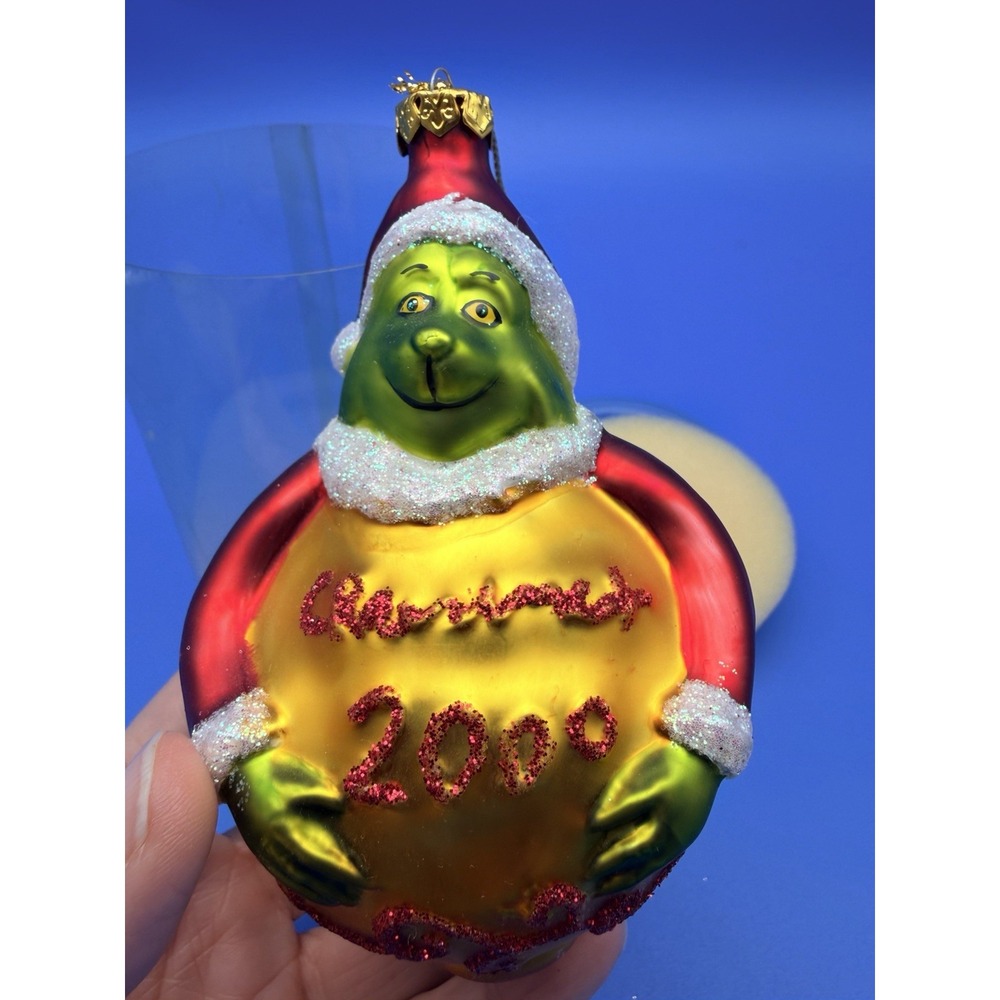 Vintage 2000 Grinch Christmas Glass Ornament Glitter 6" w Original Box Rare